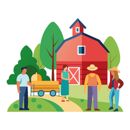 Group of people in a farm setting with red barn and green treesのイラスト素材