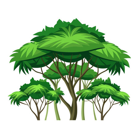 Stylized forest scene featuring a canopy of green trees with brown trunksのイラスト素材