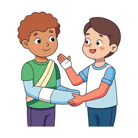 Cartoon boys: one with arm cast, one greeting with healthy handのイラスト素材