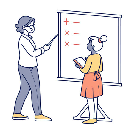 Teacher and student doing math on whiteboard in simple vector illustrationのイラスト素材