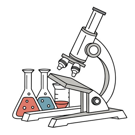 Illustration of a microscope with beakers and flasks containing colorful liquidのイラスト素材