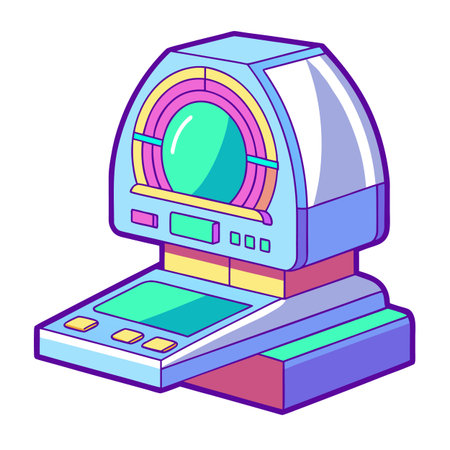 Retro futuristic cartoon computer workstation illustration with vibrant colors and thick outlineのイラスト素材