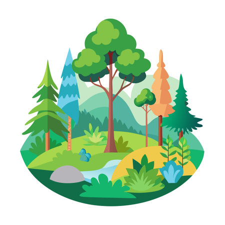 A cartoon depiction of an idyllic forest landscape with various trees and greeneryのイラスト素材