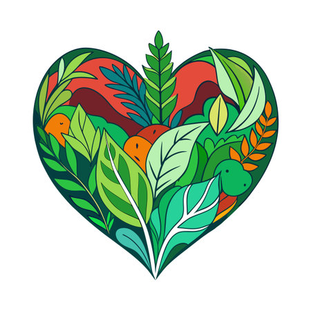 Heart Shaped Illustration of Lush Foliage, Fruits and a Turtleのイラスト素材