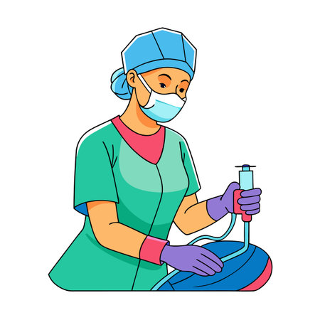 Female doctor performing medical procedure with syringe wearing cap and mask illustrationのイラスト素材