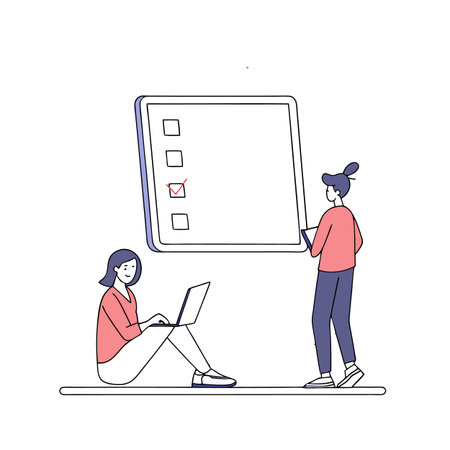 Two women review a checklist, one working on laptop, task management conceptのイラスト素材