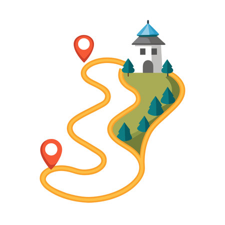 Illustrative winding path to a building among trees marked by pointersのイラスト素材