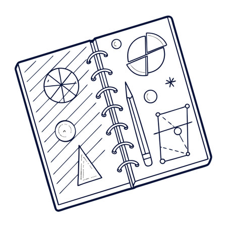 Open spiral notebook with pencil showing geometric sketches and diagrams in simple line drawing styleのイラスト素材