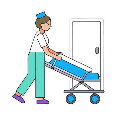 Nurse pushing a gurney down a hallway illustration in a flat styleのイラスト素材