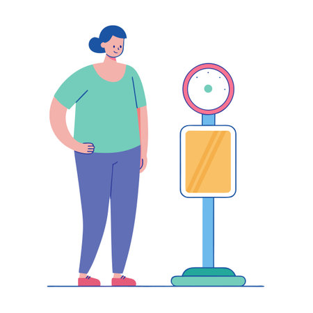 Woman standing next to a vintage style weight scale with a pastel color paletteのイラスト素材