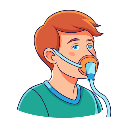 Cartoon illustration of a young man using an oxygen mask for medical supportのイラスト素材