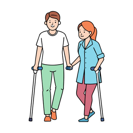 Illustrated patient walking with assistance from caregiver or physical therapistのイラスト素材