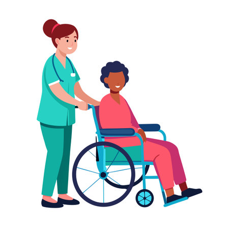 Nurse assisting patient in wheelchair showing healthcare and support in a flat styleのイラスト素材