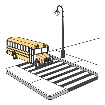 School bus illustration crossing a zebra crossing with street light at the corner