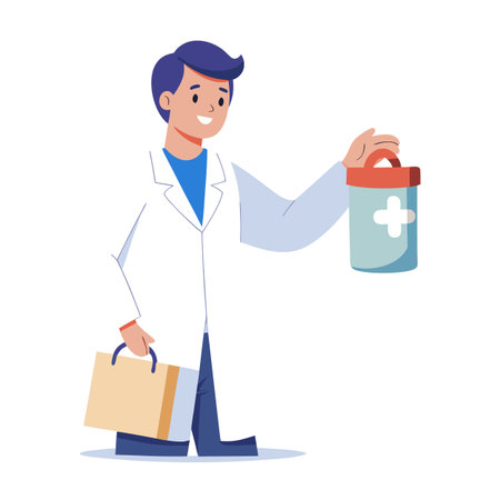 Flat vector illustration of a doctor holding a medicine container and bag.のイラスト素材