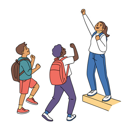 Motivated diverse students celebrating success together in education flat cartoon styleのイラスト素材