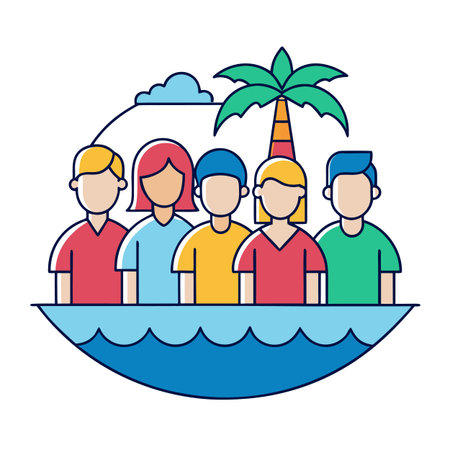 Group of people on a tropical vacation with palm tree and ocean wavesのイラスト素材