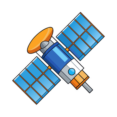 Cartoon Satellite Orbiting Earth with Solar Panels for Space Exploration Conceptのイラスト素材