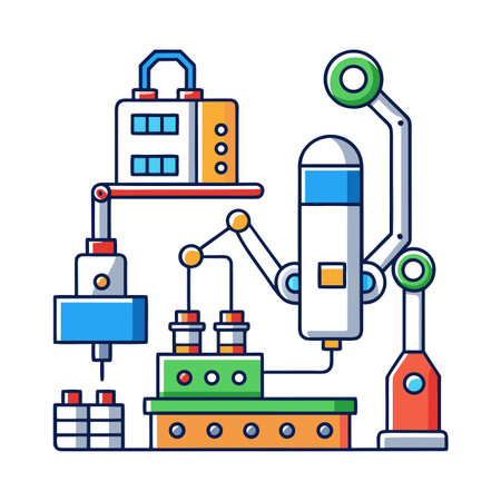 Colorful illustration of automated industrial machinery assembling blocks in a factory settingのイラスト素材