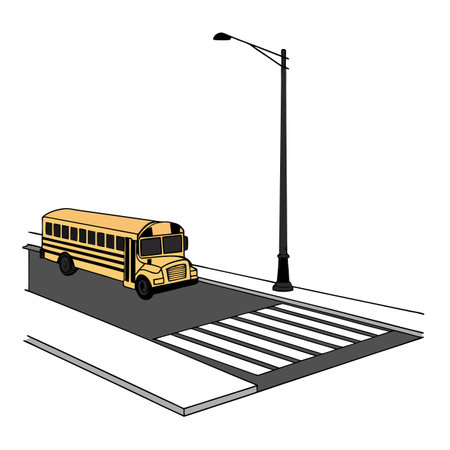 School bus illustration near a pedestrian crossing with a street light post