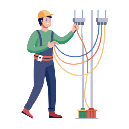 Electrician working on electrical grid connections with safety helmet and professional attireのイラスト素材