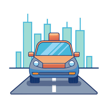 Cartoon taxi driving on a city street with skyscrapers in the backgroundのイラスト素材
