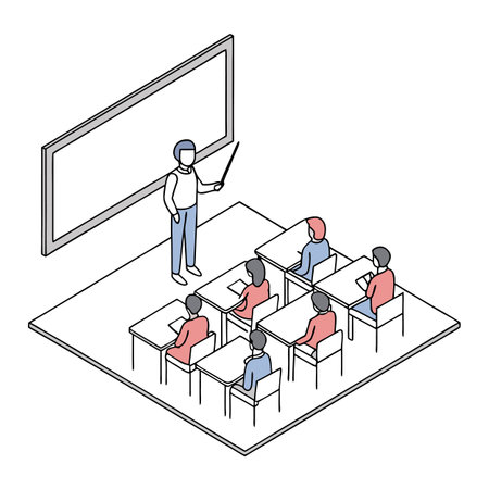 Isometric Classroom Illustration with Teacher and Students in Session and on Boardのイラスト素材