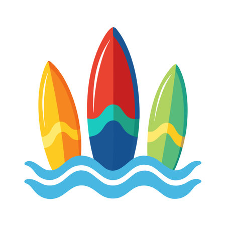 Colorful surfboards standing in stylized ocean waves, flat design illustrationのイラスト素材