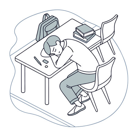 Student asleep at desk with books and backpack in a classroom settingのイラスト素材
