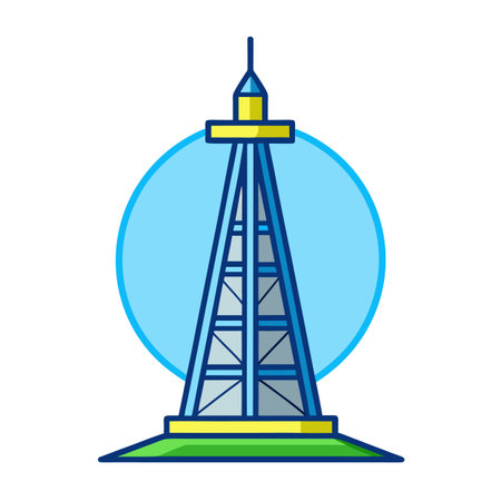 Blue outlined tower with light blue circle and light yellow building topのイラスト素材