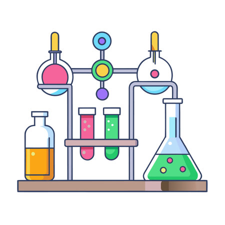 Cartoon laboratory setup with flasks, test tubes, and colorful liquid solutionsのイラスト素材