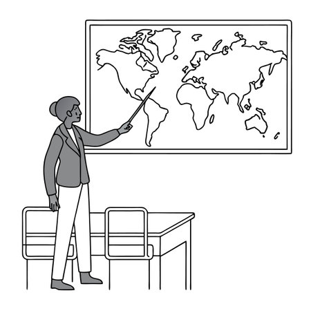 Instructor presents world map with pointer in classroom environment in minimalist styleのイラスト素材