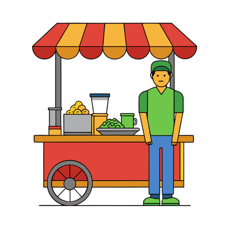 Flat vector illustration of street food vendor with colorful cart and merchandiseのイラスト素材
