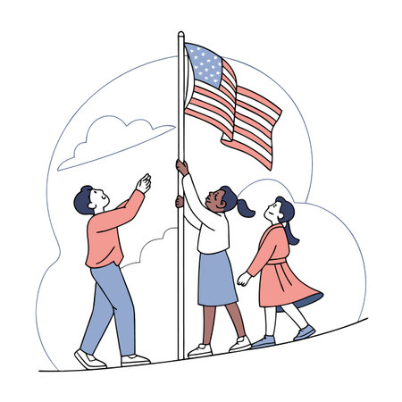 Diverse group raising the American flag, unity and patriotism, vector illustrationのイラスト素材