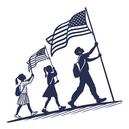 Patriotic walk: Silhouettes of a group of people with American flags going upwardsのイラスト素材