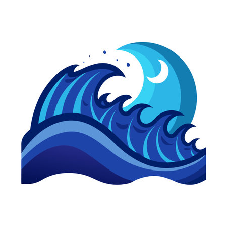 Stylized ocean waves with a moon crescent shape in the backgroundのイラスト素材