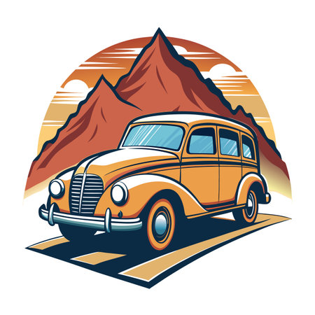 Vintage car driving towards mountains, retro travel and adventure illustrationのイラスト素材
