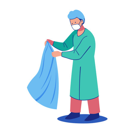Surgeon holding sterile drape in operating room preparing for surgical procedureのイラスト素材