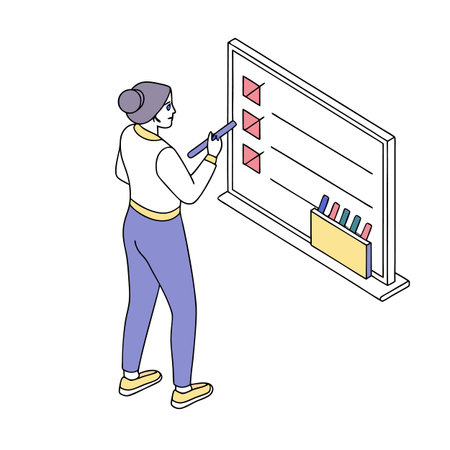 Woman marking off tasks on a whiteboard checklist with marker in isometric viewのイラスト素材