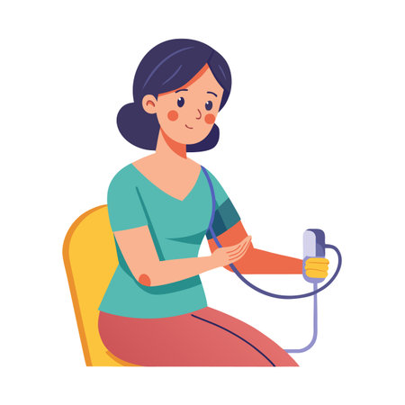 Young woman checking blood pressure at home in flat vector illustrationのイラスト素材