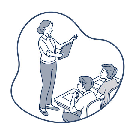 Teacher instructing students in a classroom setting with a neutral color paletteのイラスト素材