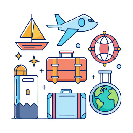 Vector Illustration of Travel Icons: Airplane, Suitcases, Sailboat, Globe on White Backgroundのイラスト素材