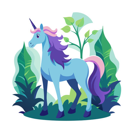 Cartoon unicorn standing among lush stylized vegetation in a whimsical settingのイラスト素材