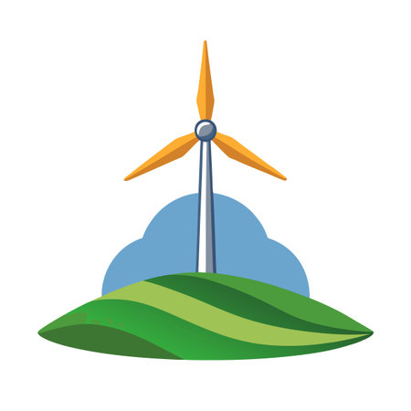 Wind turbine on green hill with light blue clouds, flat illustrationのイラスト素材