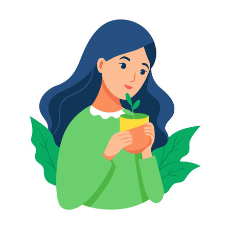 Young woman tenderly holding a potted plant seedling with surrounding green leavesのイラスト素材