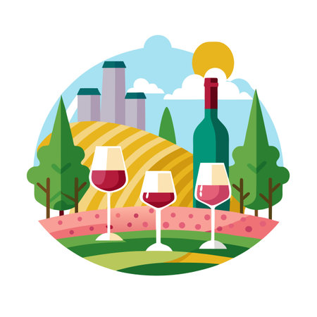 Cartoon Illustration of Wine Glasses, Bottle and Vineyards in Sunny Settingのイラスト素材
