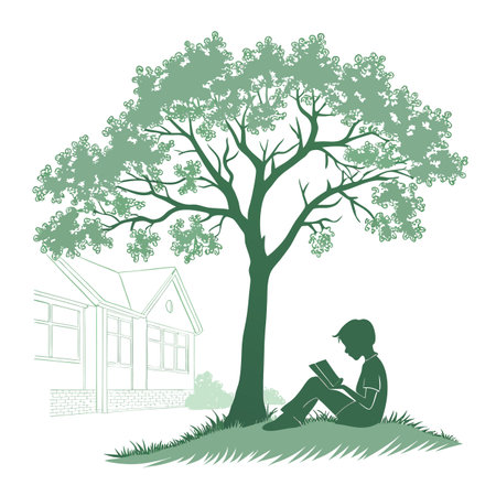 Boy Reading Under a Tree near a House - Serene Summer Sceneのイラスト素材