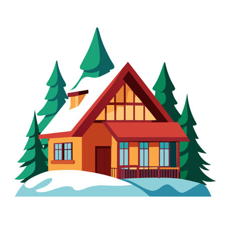 Cozy winter house surrounded by green pine trees covered in snow, cartoon styleのイラスト素材
