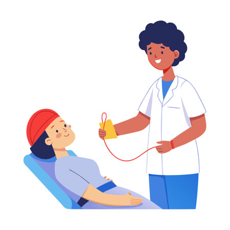 Doctor and Patient During Blood Donation Process: Flat Cartoon Illustration Styleのイラスト素材