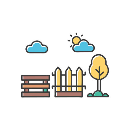 Colorful Cartoon Landscape With Fence, Bench, Tree, Sunのイラスト素材